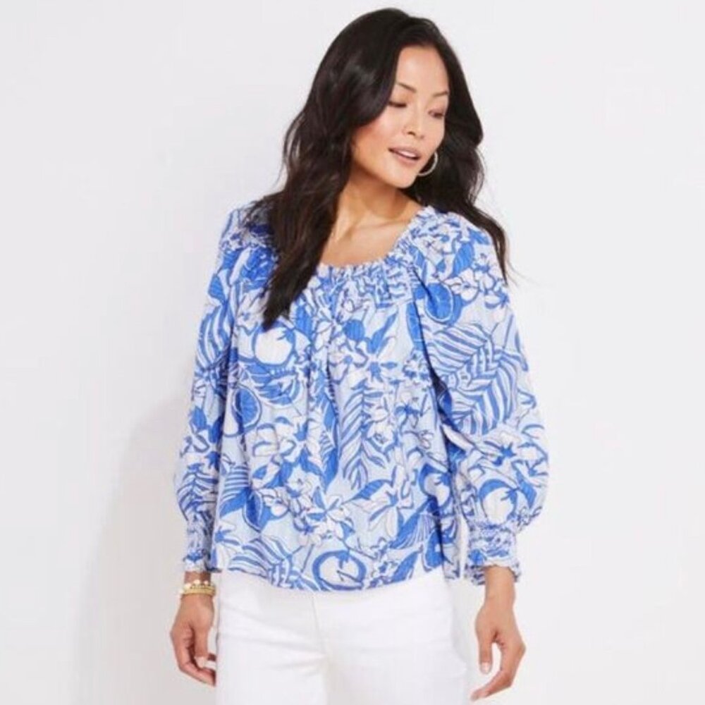 Vineyard Vines Painted Palm Beach Smocked Top XS On/Off Shoulder - Picture 2 of 7